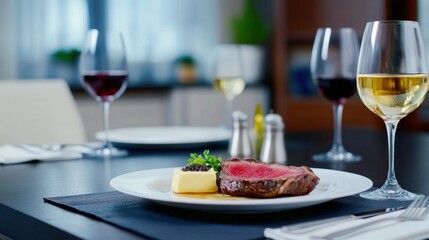 Perfectly grilled wagyu steak is plated with truffle butter and paired with fine wine in a luxury steakhouse, highlighted by natural lighting