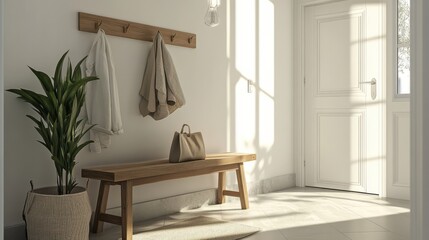 Fototapeta premium minimalist interior design neutral colors wood elements Bright and airy hallway with a wooden bench, hooks, and lush plant, creating a welcoming atmosphere.