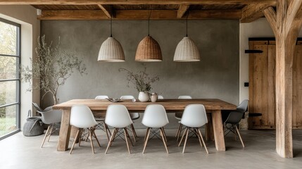 minimalist interior design neutral colors wood elements Modern dining room featuring a large wooden table, white chairs, and stylish pendant lights against a rustic backdrop.