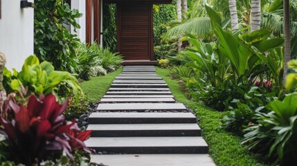 Obraz premium A stone pathway winds through a lush tropical garden, guiding visitors to a modern wooden entrance, surrounded by vibrant greenery