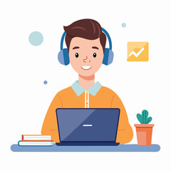 man in headphones, studying at laptop. Happy female student watching business webinar. Video conference call, remote work communication. Flat vector illustration isolated on white background
