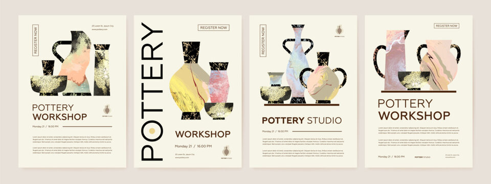 Set of pottery workshop advertising vectot poster design template. Hand made ceramics, clay crockery flat illustration. Pottery lesson, ceramic studio, hobby master class invitation layout