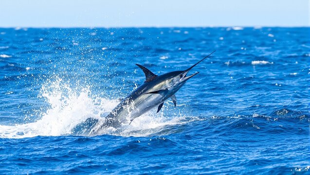 Majestic blue marlin leaping ocean spray around