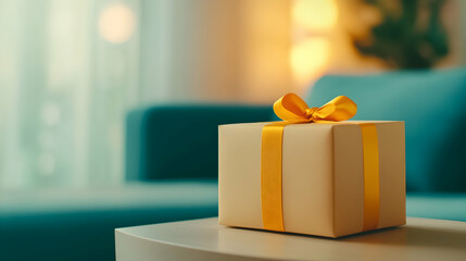 A beautifully wrapped gift rests on a sleek table, inviting curiosity in a warm living space