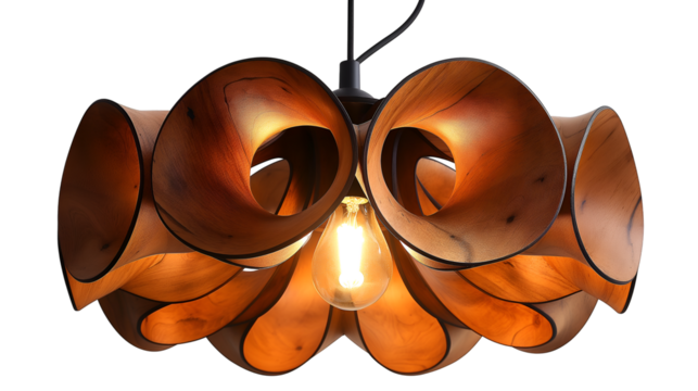 Wooden Pendant Lamp Elegant Home Decor, Warm Amber Lighting for Rustic Style, isolated on transparent background. - Powered by Adobe