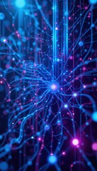 Intricate networks of glowing neural pathways intertwine in a mesmerizing display, radiating vivid blue and pink lights that evoke the beauty of scientific discovery and digital innovation