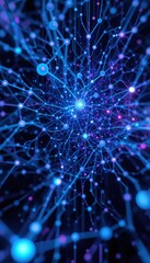 Fototapeta premium An intricate network of luminous blue and purple dots intertwines, creating a captivating display of energy and connectivity. Pulsating lights depict the essence of a vast cosmos