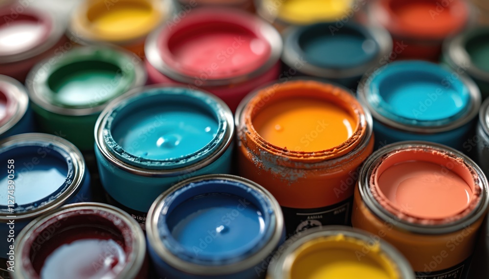Poster various jars filled with vibrant paint colors arranged. perfect for backgrounds, illustrations, grap