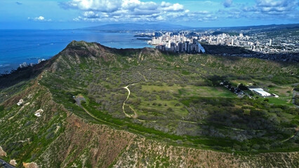 Aerial View of Diamond Head Crater and Honolulu.