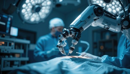 Under the bright surgical lights, an advanced robotic arm meticulously performs a procedure alongside a surgeon in scrubs. The sterile environment showcases innovative technology enhancing healthcare