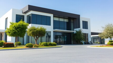 Stylish private villa showcases clean architectural lines, expansive glass windows, and a neatly designed driveway, bathed in natural light