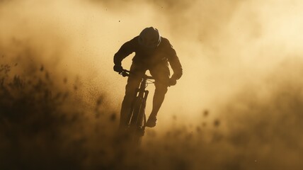 Fototapeta premium Silhouette Mountain Biker in Golden Dust Cloud