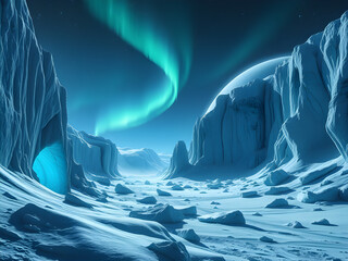 A frozen alien planet with shimmering ice caves, frosty cliffs, and auroras lighting the eternal night sky.