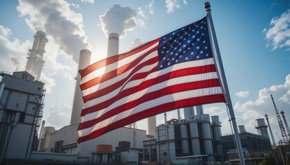 A vibrant American flag flutters in the wind, positioned prominently in front of towering industrial smokestacks. The sun casts a dramatic glow, illuminating the scene
