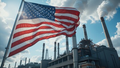 Beneath a billowing sky, a large American flag flutters in the wind, showcasing its colors and stars