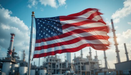 Brightly colored American flag flutters in the wind amidst towering smokestacks of an industrial facility at sunset. Clouds hover, casting a dramatic light on the scene