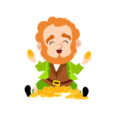 Cute smiling leprechaun sitting on gold coins