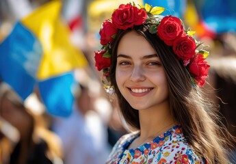 Fototapeta premium Young woman in floral crown celebrates at cultural festival