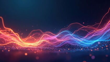 Illustration of energy flow background. Abstract wavy glowing lines create dynamic motion effect. Neon bright gradient colours design element for modern futuristic tech concept.