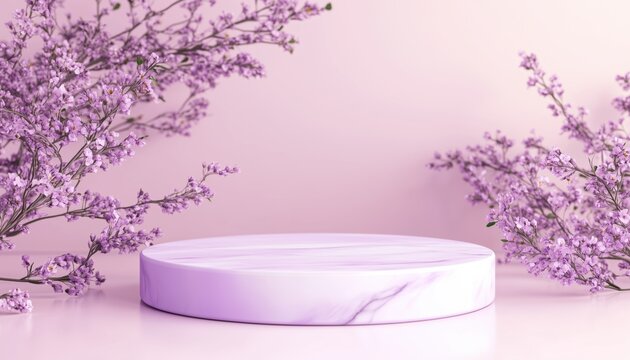 Pastel Purple Podium Stand: Purple Stage Platform For Presenting And Advertising Cosmetic Products In A Clean Studio Scene With Showcase Pedestal.