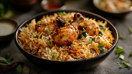 Fototapeta premium chicken biryani with drumsticks in bowl