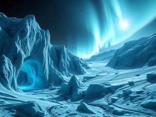 A frozen alien planet with shimmering ice caves, frosty cliffs, and auroras lighting the eternal night sky.
