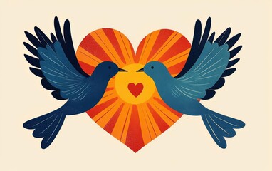 Obraz premium Two birds share a heartfelt moment against a colorful heart backdrop.