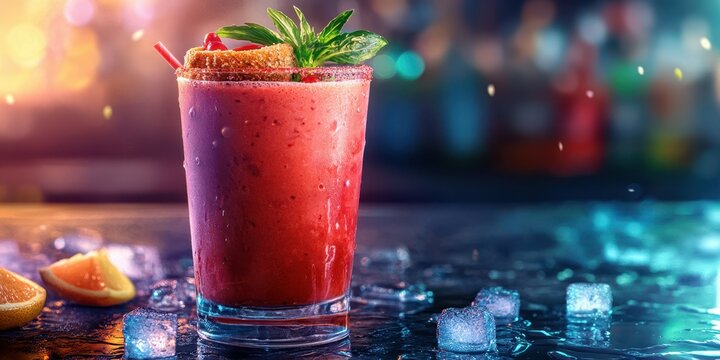 Refreshing summer drink garnished with mint and orange slices in vibrant setting at a bar during evening hours