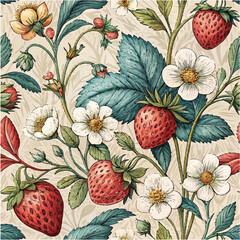Colorful vintage flower art seamless pattern illustration. Retro nature floral background in hand drawn style. Spring season strawberry decoration texture, nature textile drawing