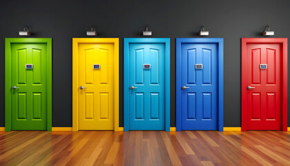 Colorful doors in a hallway offering multiple choices, ideal for decision-making, opportunity, or creative choice-related design and visual content.