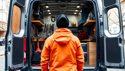 Naklejka premium Delivery worker standing behind an open van loaded with packages, ideal for logistics, delivery services, shipping, and transportation business visuals.