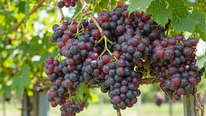 Naklejka premium Vibrant purple grapes on vine with glossy green leaves under sunlight