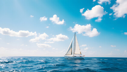 Obraz premium Sailboat on a calm ocean with clear blue skies, perfect for visuals related to sailing, travel, vacation, adventure, or serene seascapes.