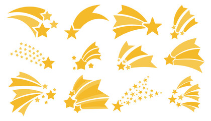 Shooting stars icons set, flying star with comet tail, set of falling star with trails.