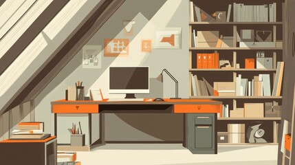 Naklejka premium Attic office workspace with computer