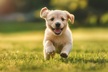 Adorable golden puppy joyfully running on lush green grass
