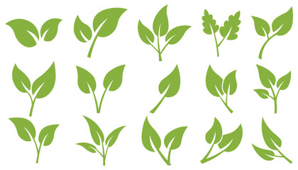 Green leaf icons set. Leaves icon. Elements design for natural, eco, vegan, bio labels or logo.