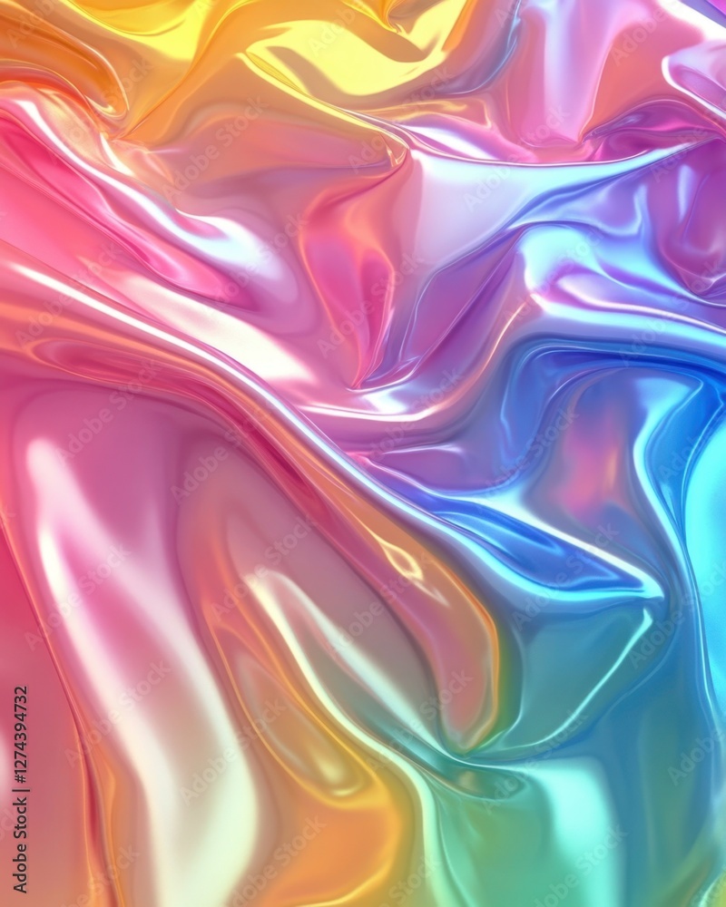 Poster iridescent fabric with flowing folds in a spectrum of vibrant colors creating a mesmerizing abstract
