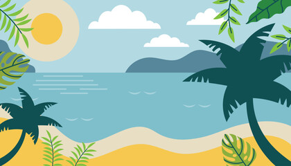 Tropical sea beach landscape with palms and tropical leaves in flat style. Island resort concept. Tourism summer card or banner.