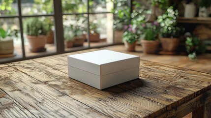 A minimalistic white box resting on a rustic wooden table in a sunlit room filled with plants