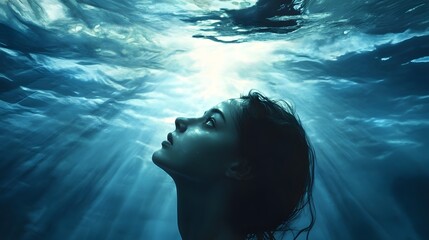 Woman Staring Upwards from Ocean Depths, Light Filtering Down Metaphor for Despair in High Realism