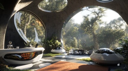 Futuristic Biophilic Lobby With Robot Receptionist And Pods