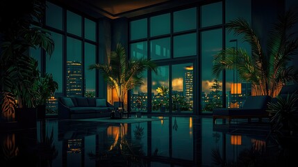 Fototapeta premium Nighttime City View from Luxurious Apartment Living Room