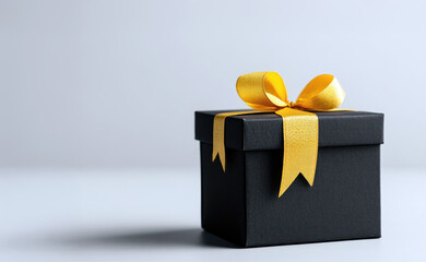 Black mystery box with yellow ribbon in white background, present gift, lucky prize secret, surprise marketing, advertising, sale promotion, commercial business
