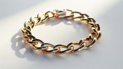 Obraz premium A gold bracelet with fine chain links, casting subtle shadows on a pure white background.