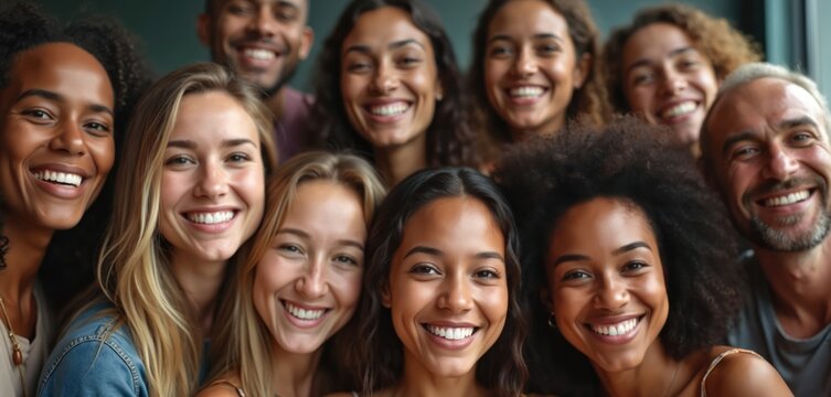 Diverse group of happy multiethnic people bonding together. Smiling multicultural community, showing oneness, friendship, joy, cheerful mood. Close-up of diverse faces cooperation, togetherness.