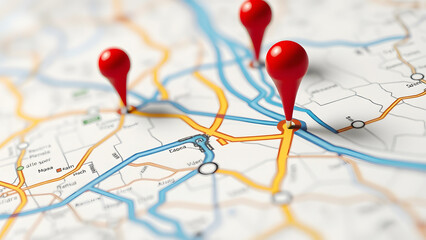 3D map with red location pins marking destinations, symbolizing navigation, travel, and modern location-based services for finding routes and exploring places