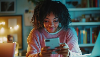 Happy College Student Communicating With Friends On Social Media Using Mobile Device. African American Woman Browsing Internet On Cell Phone In Home Office.