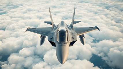 Fighter jet soaring above the clouds in a high-altitude flight, symbolizing speed, power, and military aviation in a clear sky environment
