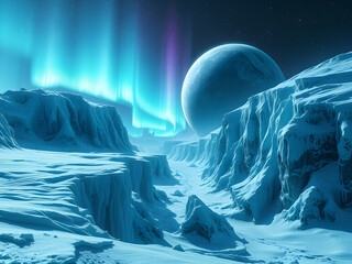 A frozen alien planet with shimmering ice caves, frosty cliffs, and auroras lighting the eternal night sky.
